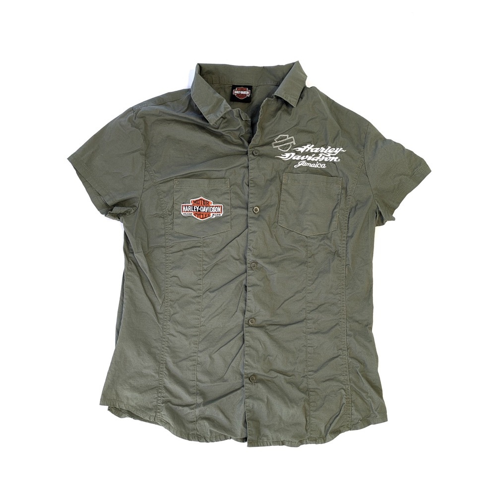 Harley Davidson Jamaica Shirt XL Olive Green Embroidered Button Up Short Sleeve
